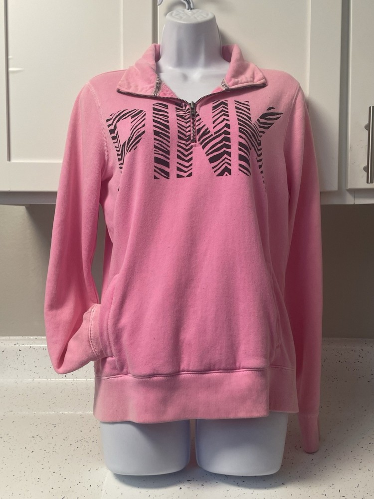 Victoria’s Secret Pink Zebra Print Logo Quarter Zip Pullover Sweater Small