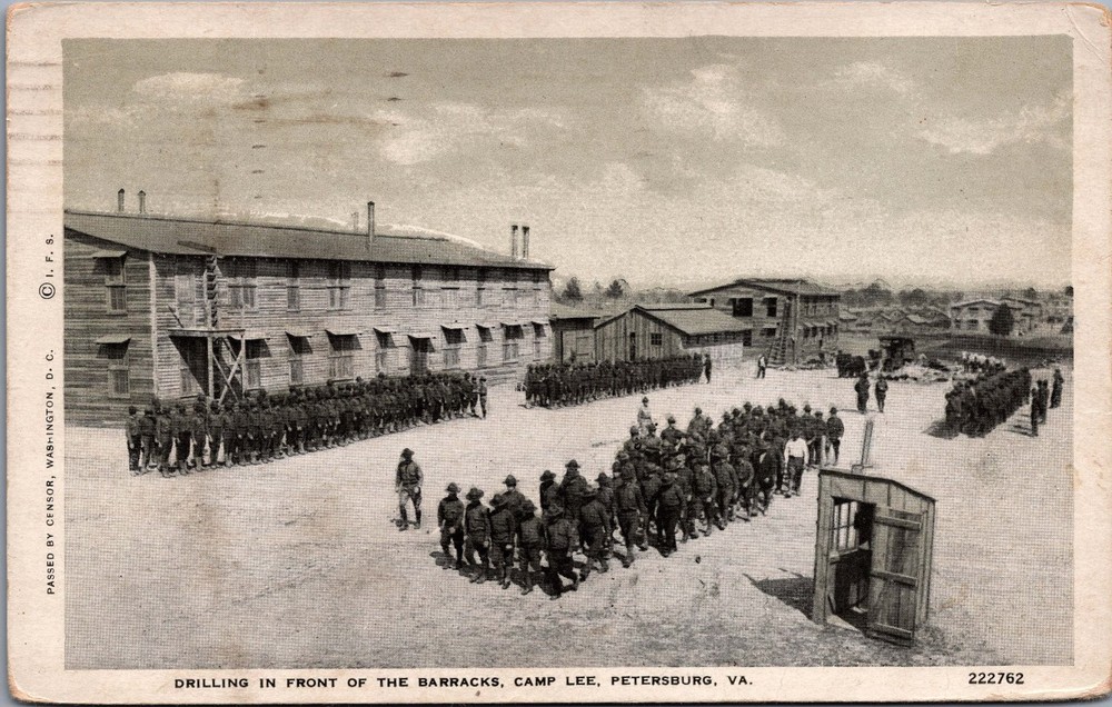 WWI Camp Lee VA Petersburg Military Barracks Drilling Soldiers Postcard 1918