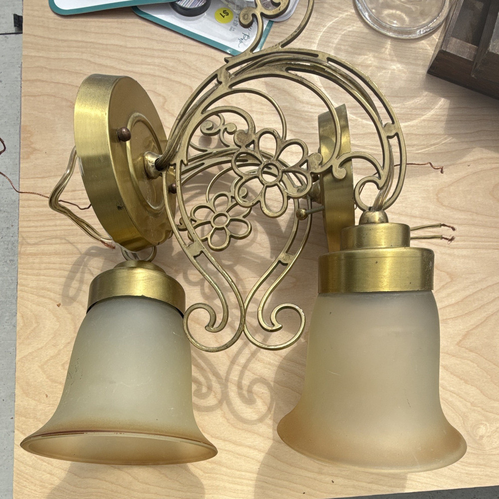 2-Light Gold Brass Wall Sconce, Frosted Bell Glass Shades, Indoor Wall Mount