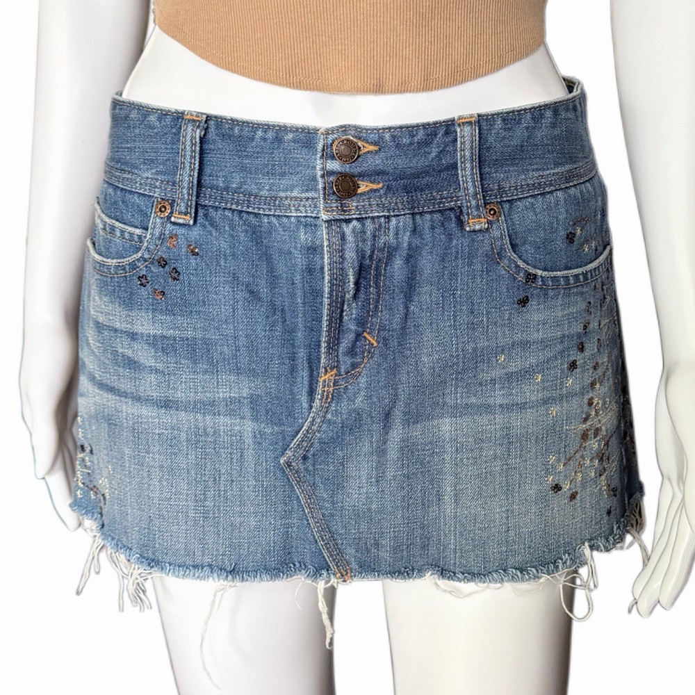 Abercrombie & Fitch Denim Mini Skirt Womens 2 Blue Embroidered Distressed Y2K