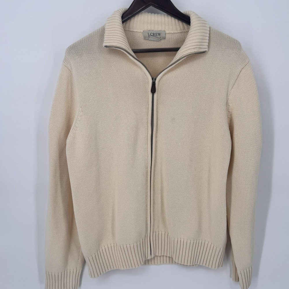 J Crew Sweater Mens Large Cream Full Zip Collared Cotton Ribbed Knit Hong Kong