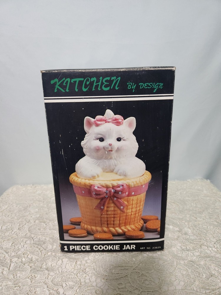 Vintage Ceramic Cat Cookie Jar Pink Bow Basket Kitten Lid. Kitchen By Design