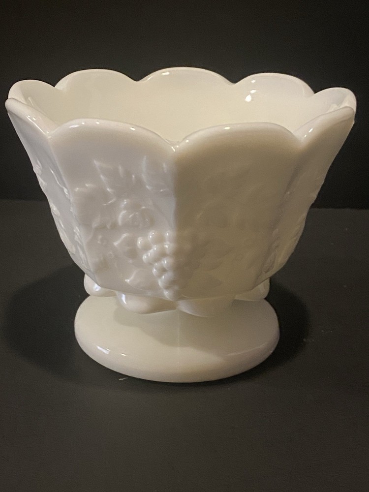 Vintage White Milk Glass Paneled Grape Footed Jardiniere Planter Candy Dish