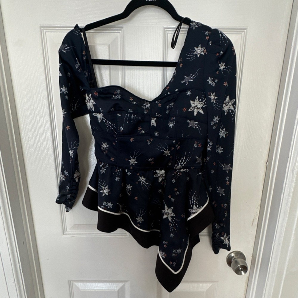 Self-Portrait Star Print Peplum Blouse Navy Long Sleeve Ruffle Accents US 4