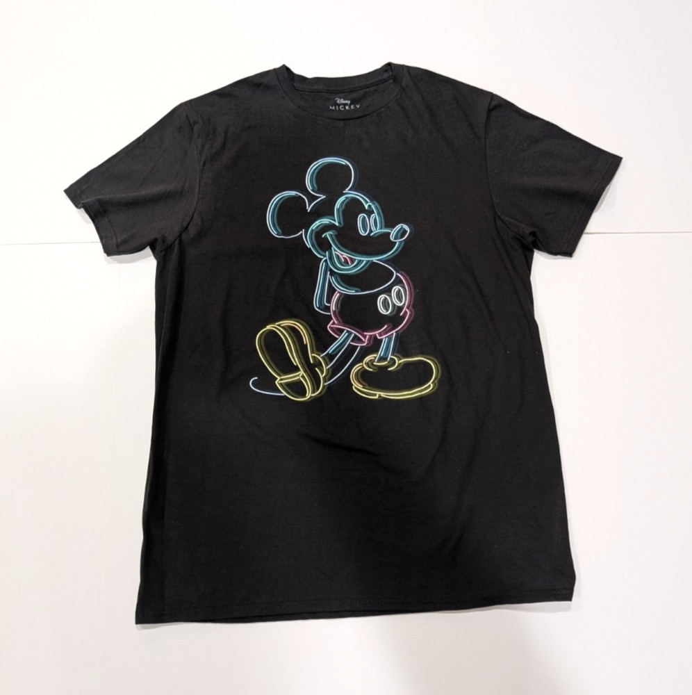 Men's T-Shirt Disney Mickey Mouse Neon Outline Portrait Black Size: M Ships Free