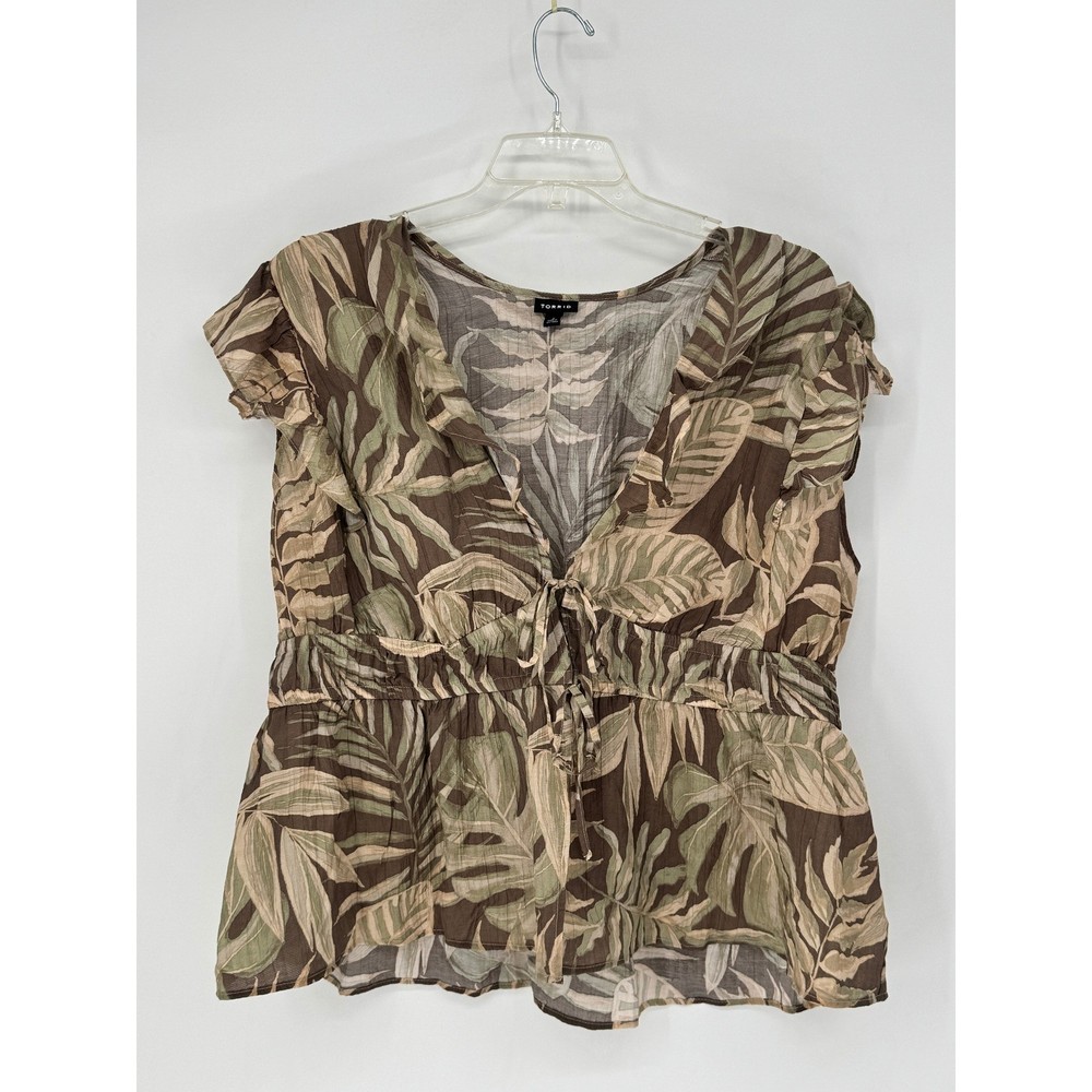 Torrid Women 2X Brown Green Tropical Leaf Tie Front Peplum Blouse Cap Sleeve Top
