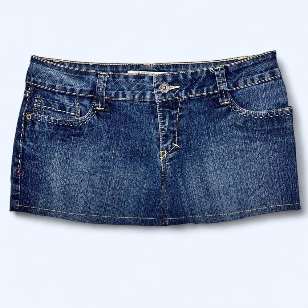 YMI Jeans Y2K blue denim low rise mini skirt with cute embroidered design size 9