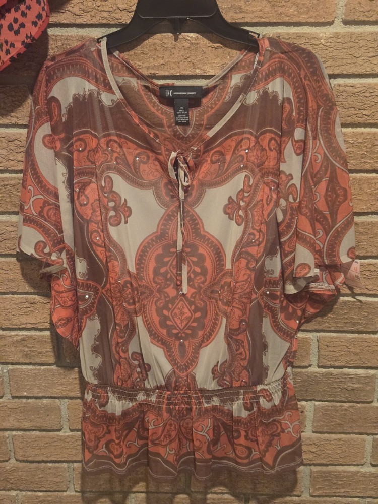 INC International Concepts Women's Med Paisley Tie Front Blouse Embellish Boho