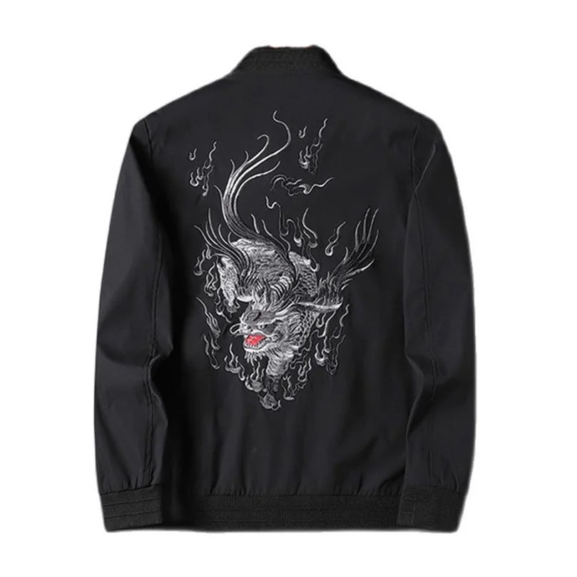 Japanese Style Embroidered Dragon Bomber Jacket Men's Streetwear Casual Coat