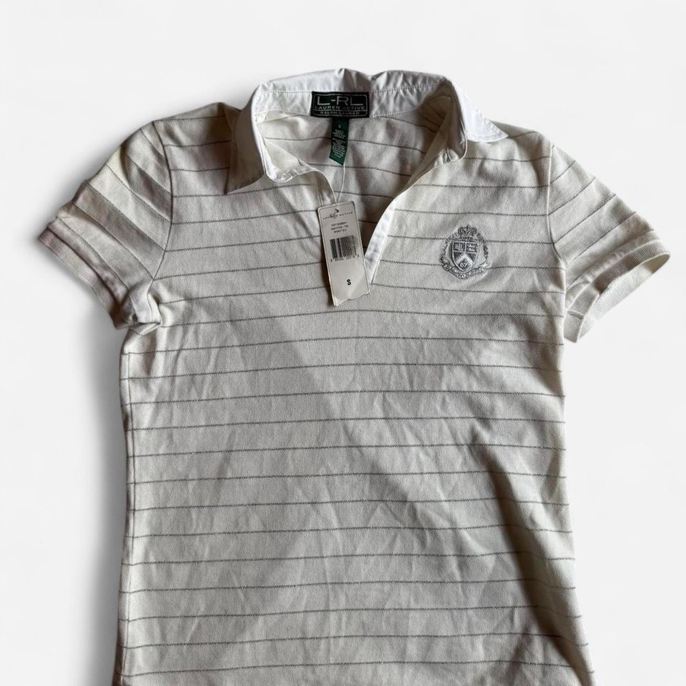 L-RL Lauren Active Ralph Lauren Women’s  Striped Polo White/Gray S Short Sleeve
