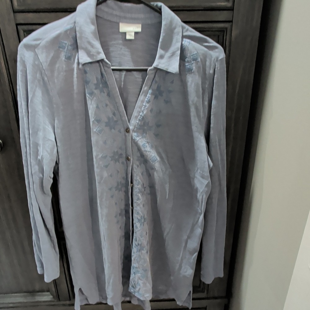 J. Jill Women’s Blue Embroidered Cotton Button Tunic Blouse Long Sleeve M