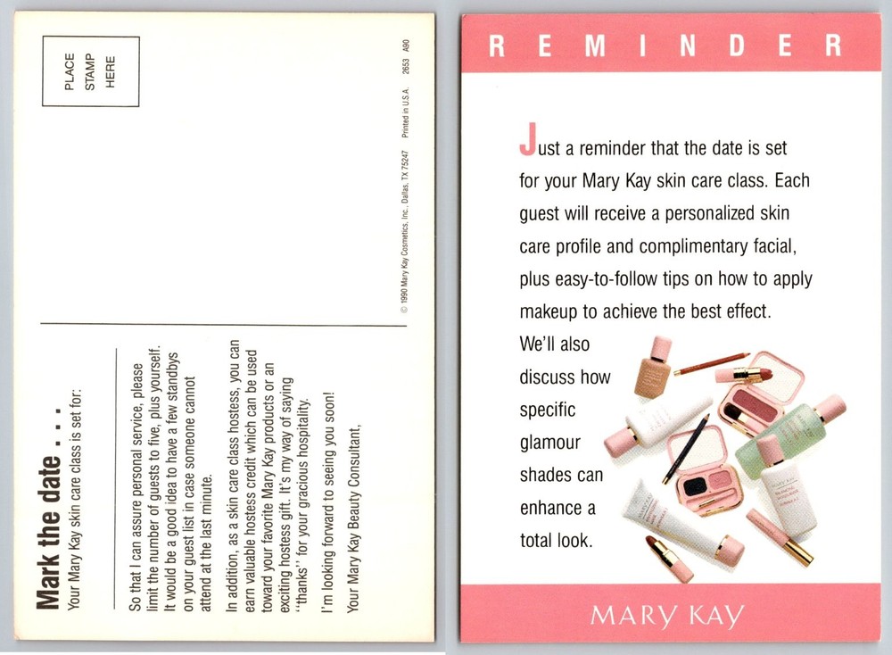 1990 Mary Kay Skincare Class Reminder Postcard Vintage Makeup Cosmetics Ad