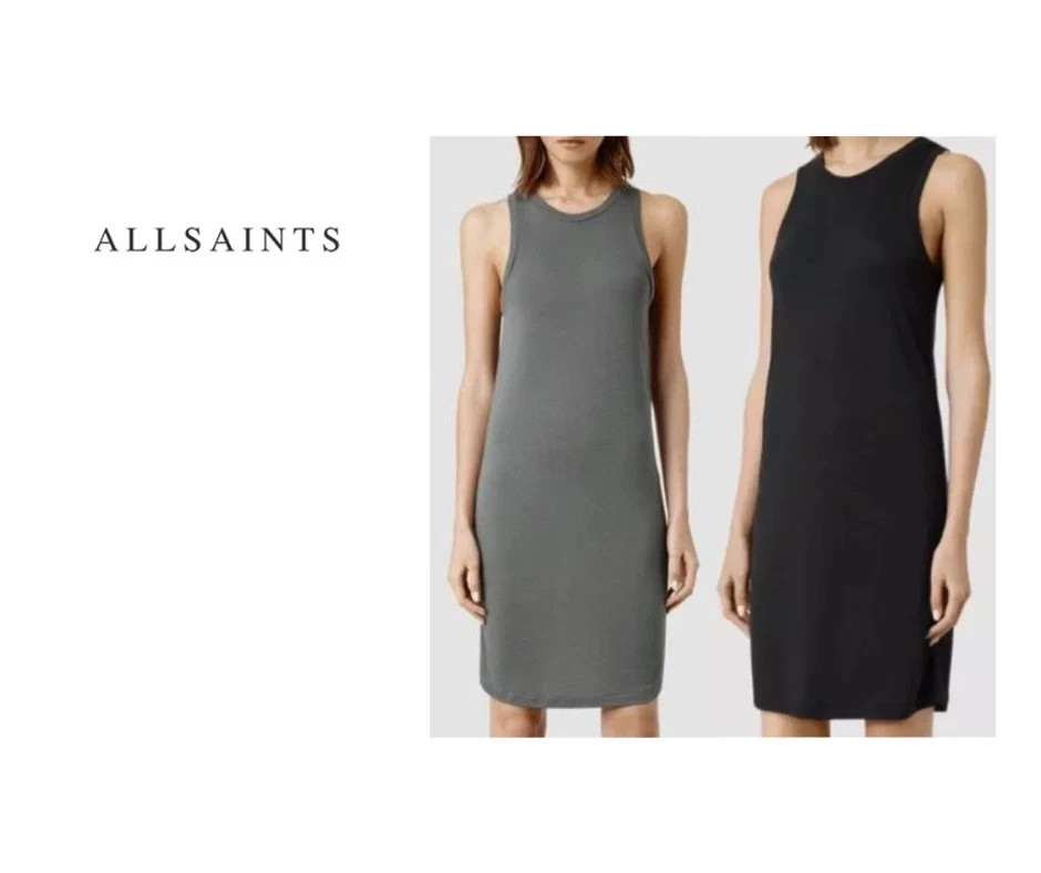 Allsaints Womens Evis Midi Washed Black or Gun Metal Grey Sleeveless Dress