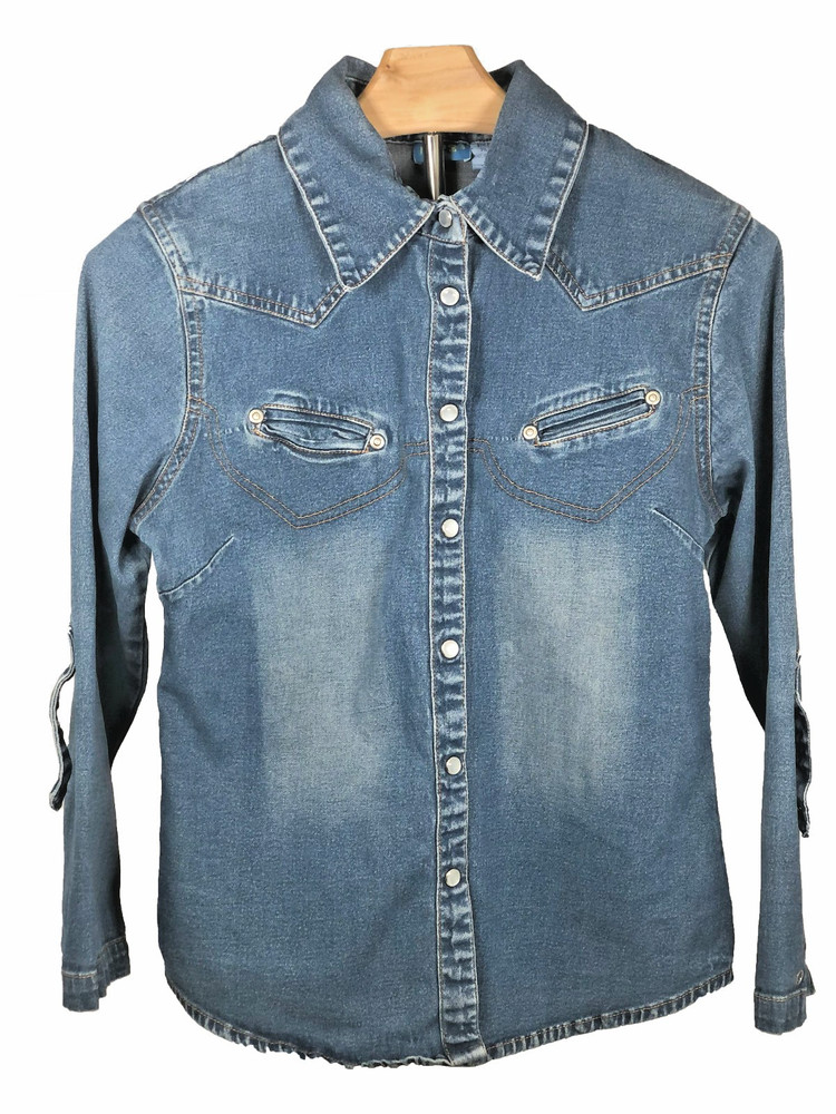 Just The Girls Denim Western Style Button Up Shirt Snap Pockets Women's M Blue