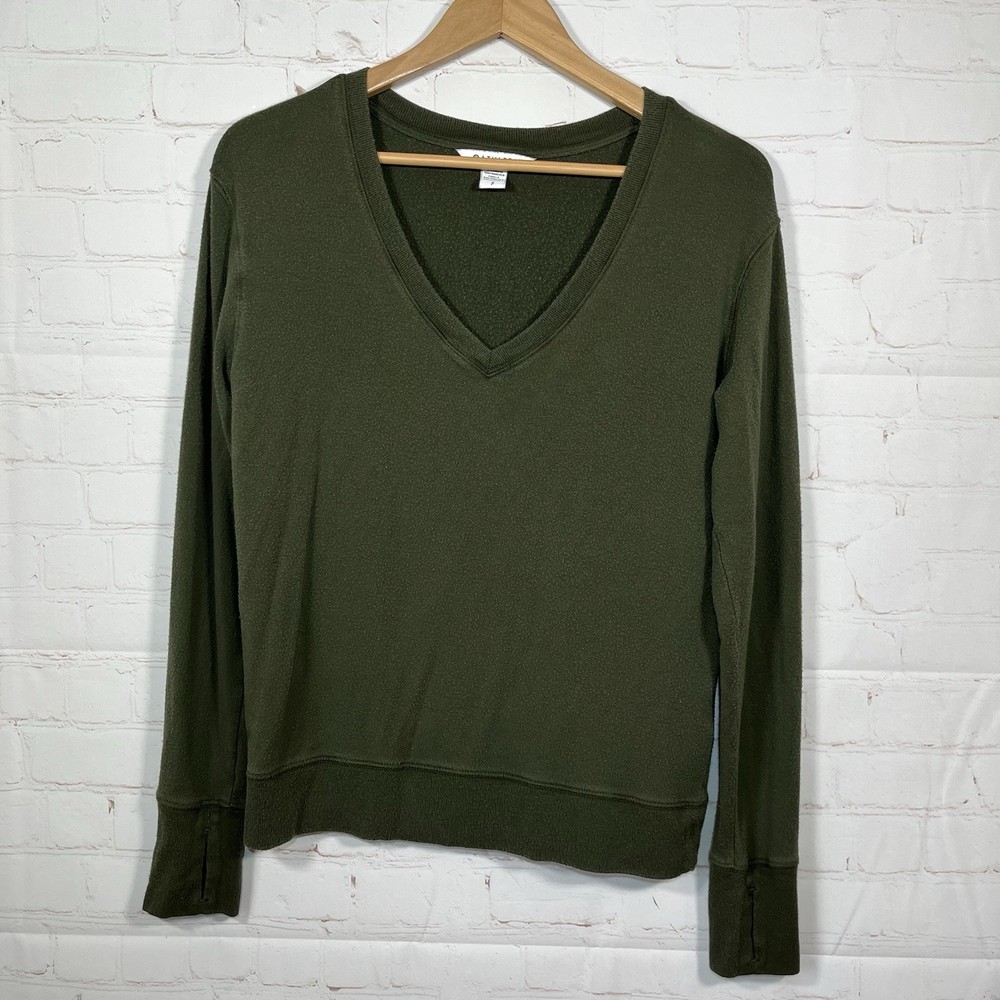 Athleta Sunrise V-Neck Sweatshirt Womens Small Green Pullover Thumbholes Soft