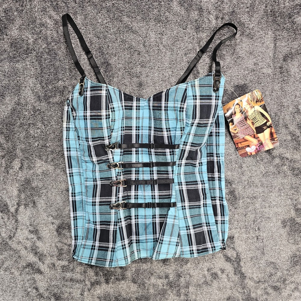 NWT 100% Babe Y2K Plaid Bustier Corset Top XS 90s Grunge Goth Black Blue Baddie