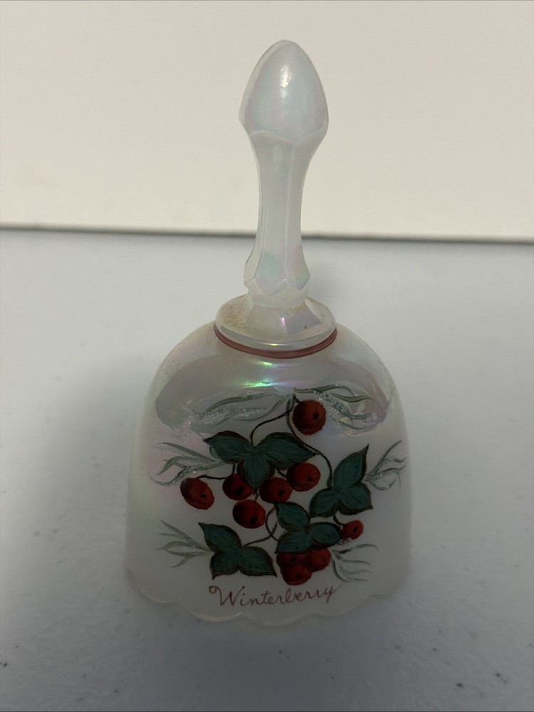 Fenton Art Glass White Iridescent Flat Bell Winterberry 4.25” Hand Painted