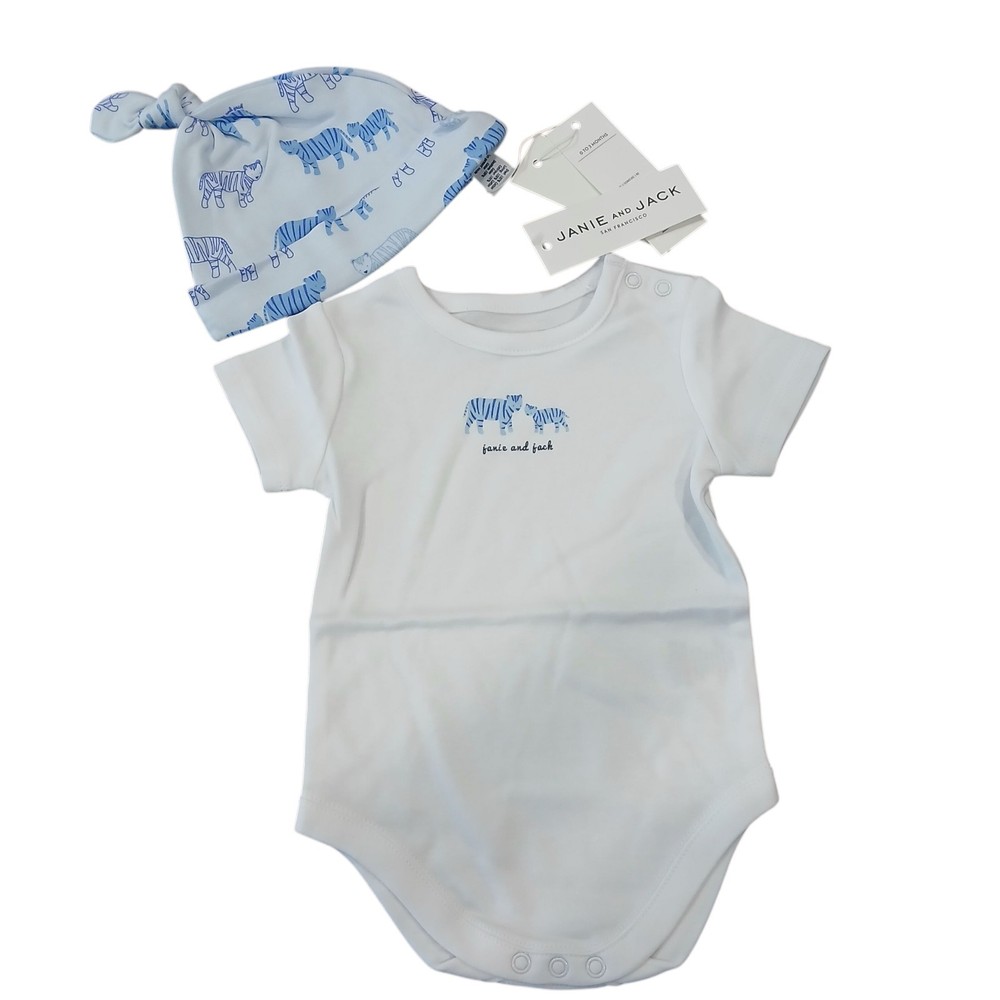 NEW Janie and Jack Baby Bodysuit Soft Blue Tiger Print With Beanie 0-3 Months