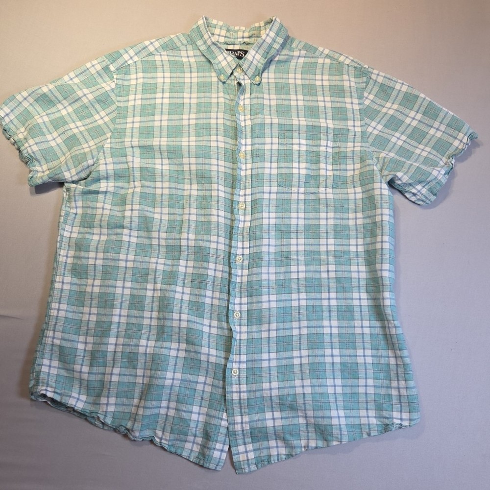 Chaps Mens XL Linen Cotton Plaid Button Down Shirt Aqua Blue Short Sleeve Pocket