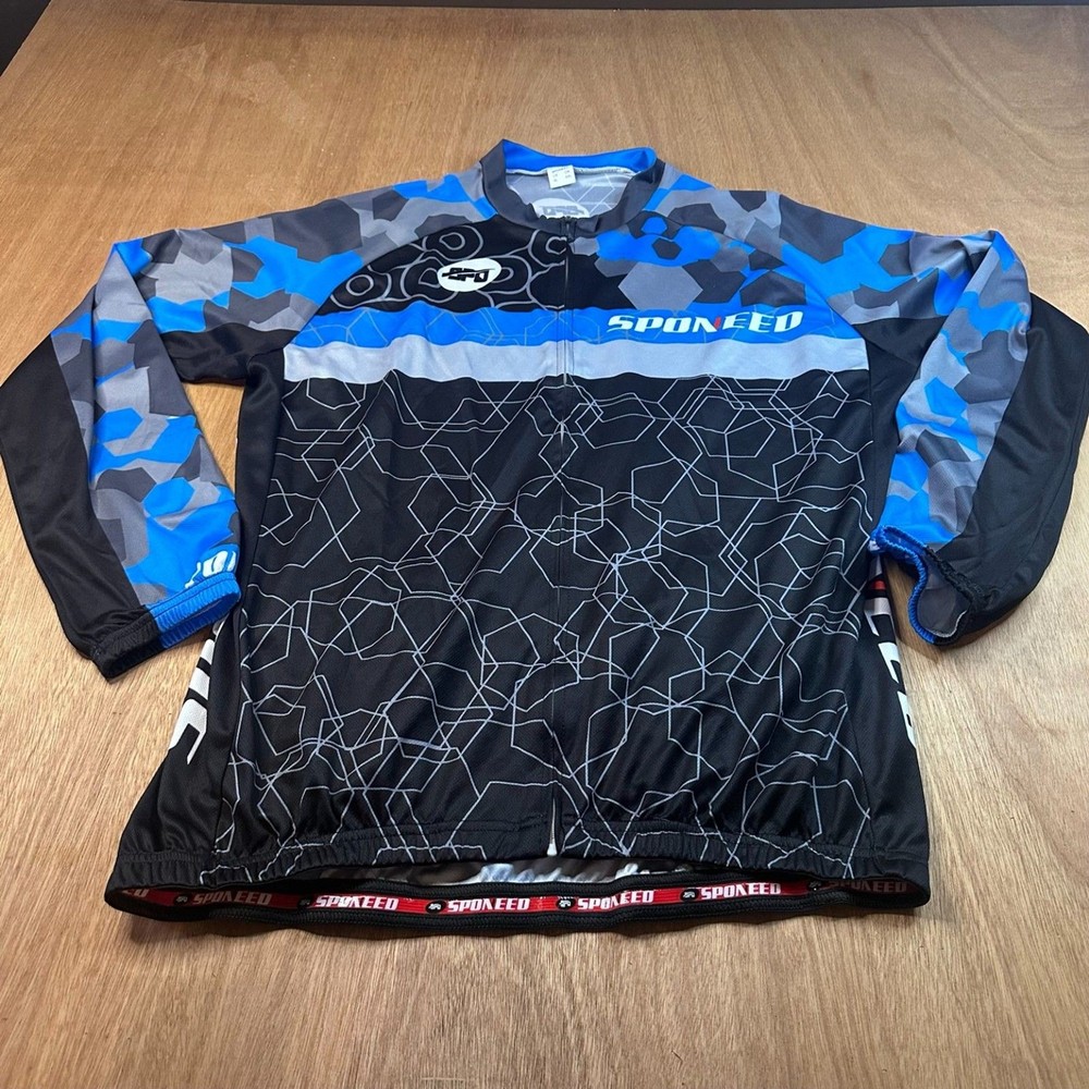Sponeed Full Zip Cycling Jersey Mens XL Blue Camo Long Sleeve Bike