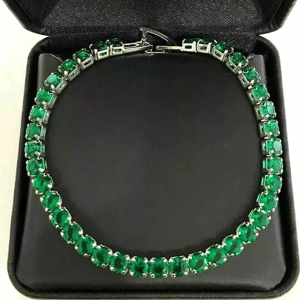 15CT Emerald Round Cut Lab Created Diamond Tennis Bracelet 14K White Gold Plated