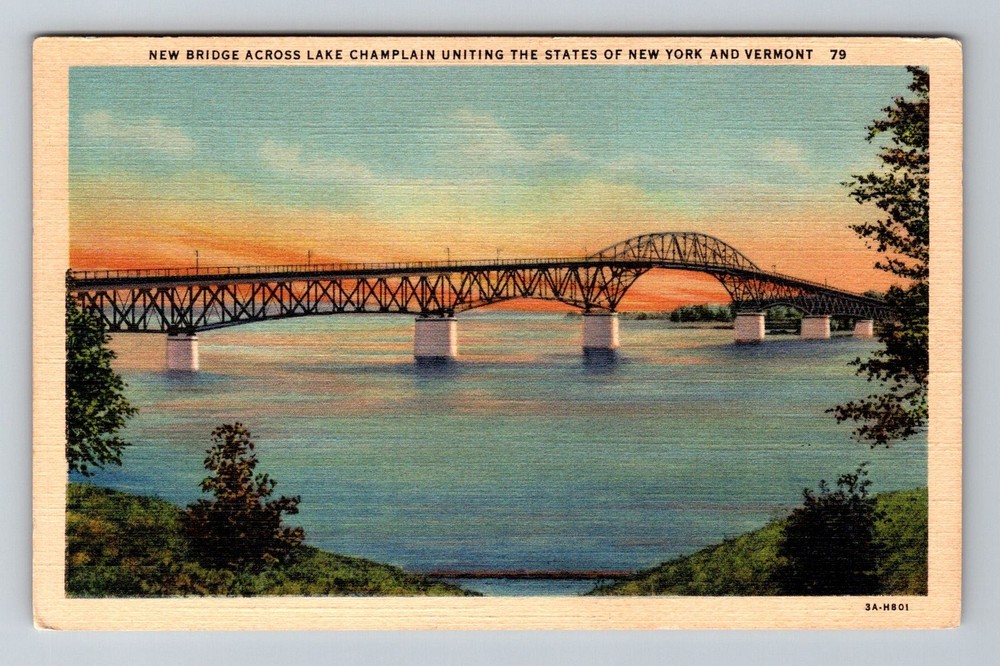 Lake Champlain, NY-New York New Bridge Uniting New York Vermont Vintage Postcard