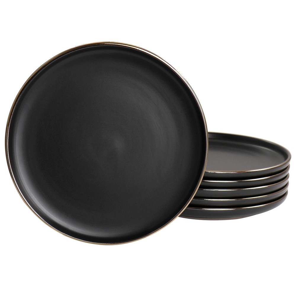 Paul 6 Piece Stoneware Salad Plate Set in Matt Black with Gold Rim (Arthur Pa...