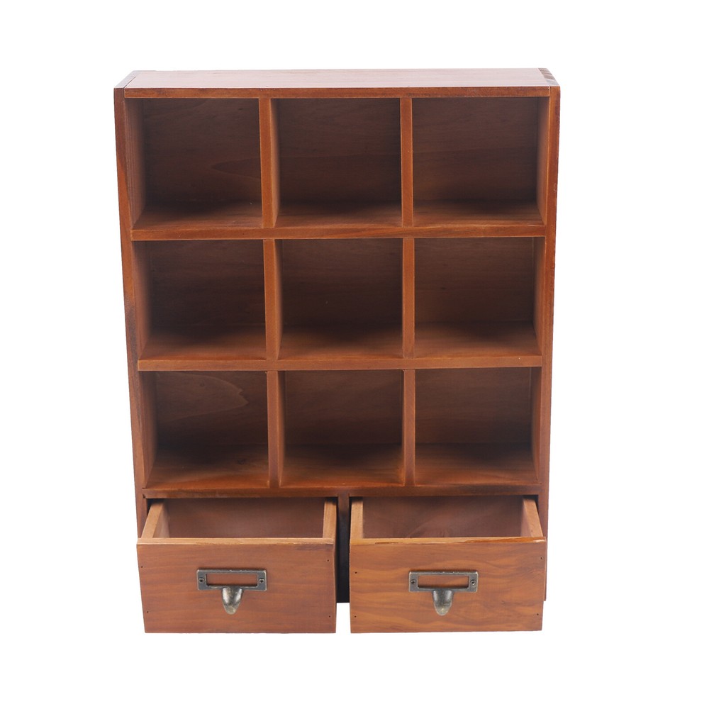 Vintage Brown Wooden Wall Mount Display Cabinet with 9 Compartments and 2 Drawers