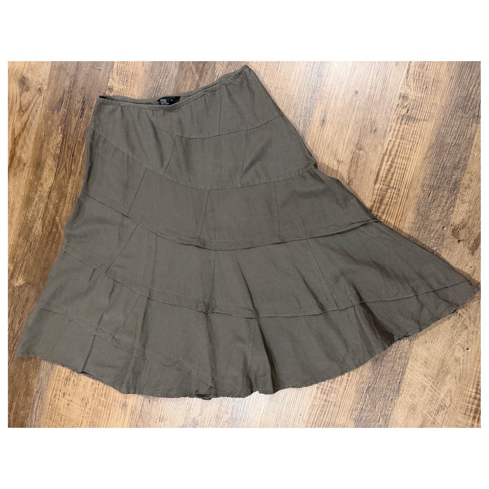 Sandro Women's Size 16 Olive Green Linen Blend Patchwork Tiered Midi Skirt