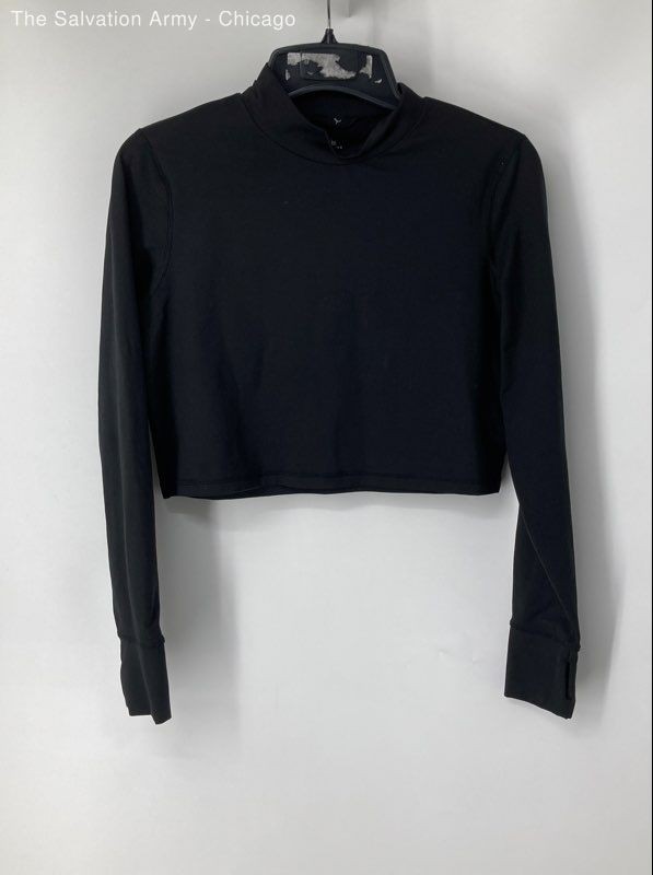 Offline By Aerie Womens Black Long Sleeve Mock Neck Cropped Blouse Top Size L