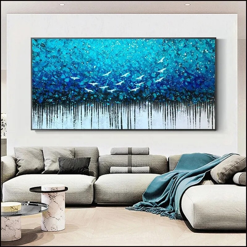 Abstract Blue Forest Oil Painting Handmade On Canvas Large Original Forest-image