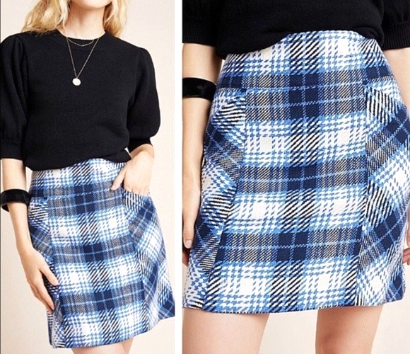 MAEVE Anthropologie TWEED Zip SIDE POCKETS Blue PLAID MINI PENCIL SKIRT Sz 4