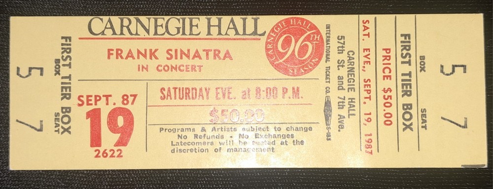 Frank Sinatra Carnegie Hall Concert  1987 Full Unused Ticket Near Mint / Mint