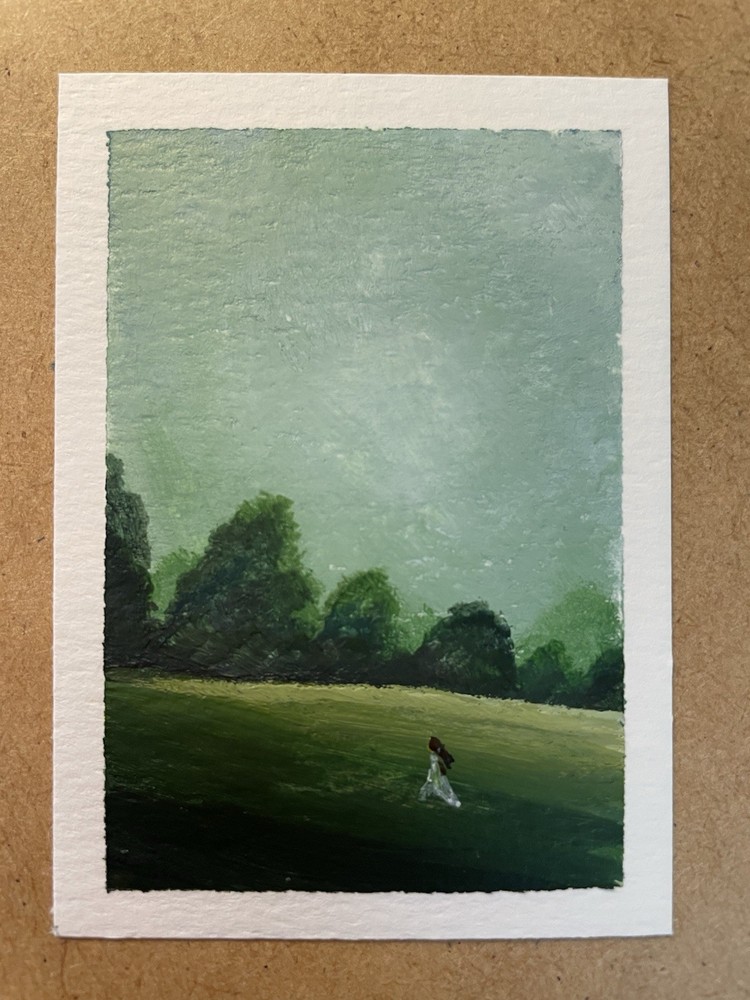 ACEO Woman Field Sky Clouds Landscape Original Acrylic On Paper Emily Daley“Wanderer”