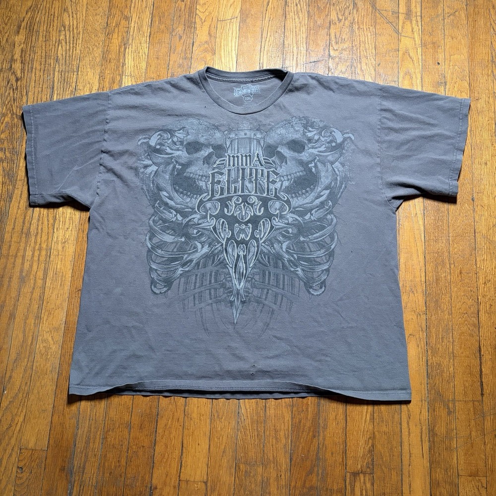 MMA Elite Skull T-Shirt Men’s Size 2XL Grey AOP Grunge Y2K Cyber Goth Emo Punk