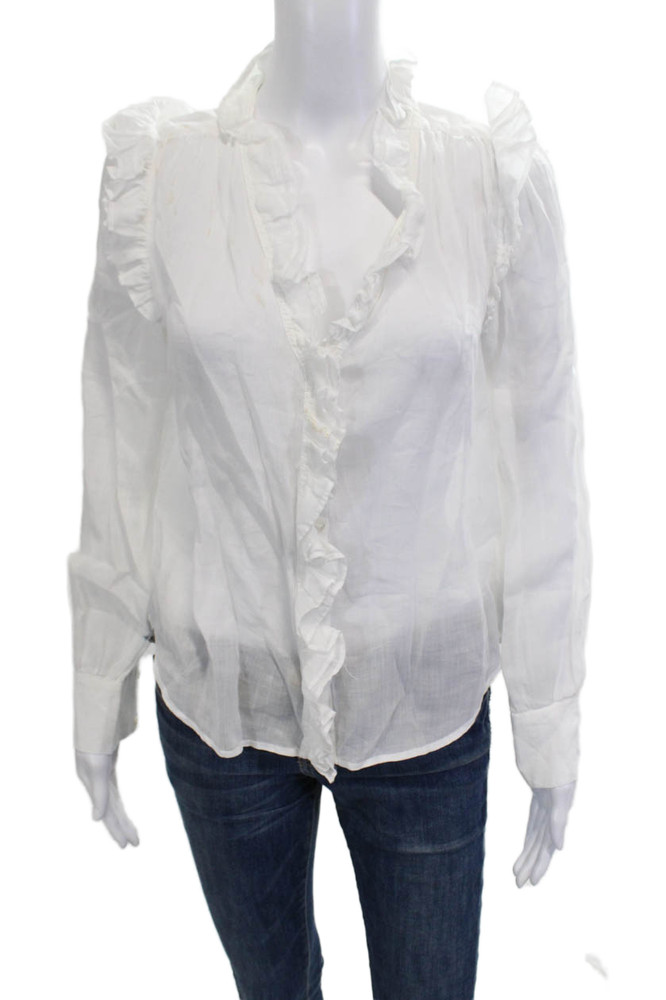 Frame Women Button Up Ramie Blouse Long Sleeve White Solid Size XSFree Shipping in US $100+ Orders | $6.95 Orders Below