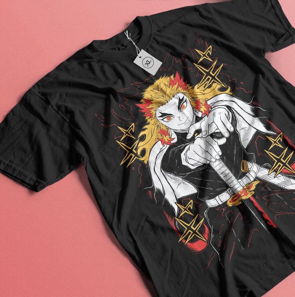 Anime Kyojuro Rengoku Flame Hashira Demon Slayer Kimetsu No Yaiba Black T-Shirt