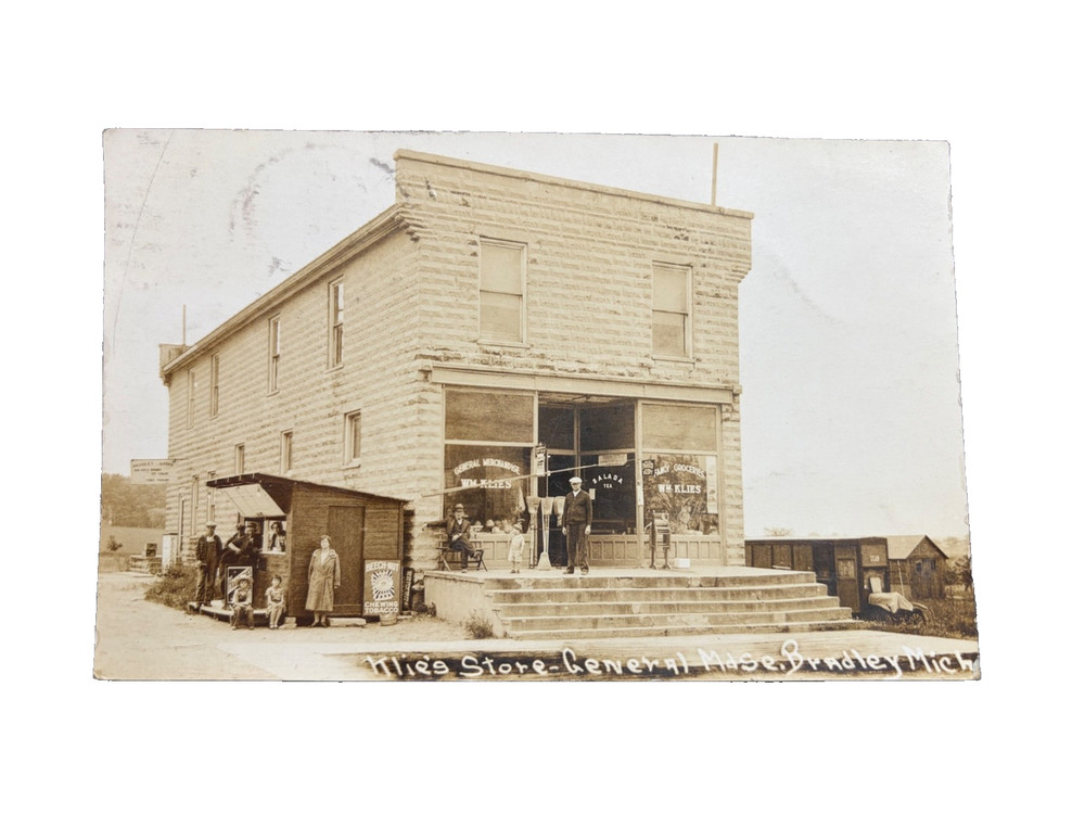 RPPC Klei’s Store -General Mdse Bradley Michigan People Motorcycle Vtg Postcard