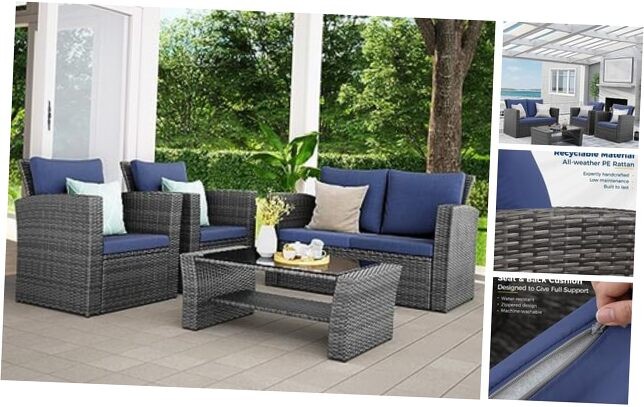 Blue Wicker Patio Furniture Set - 4-Piece Outdoor Conversation Set for Porch