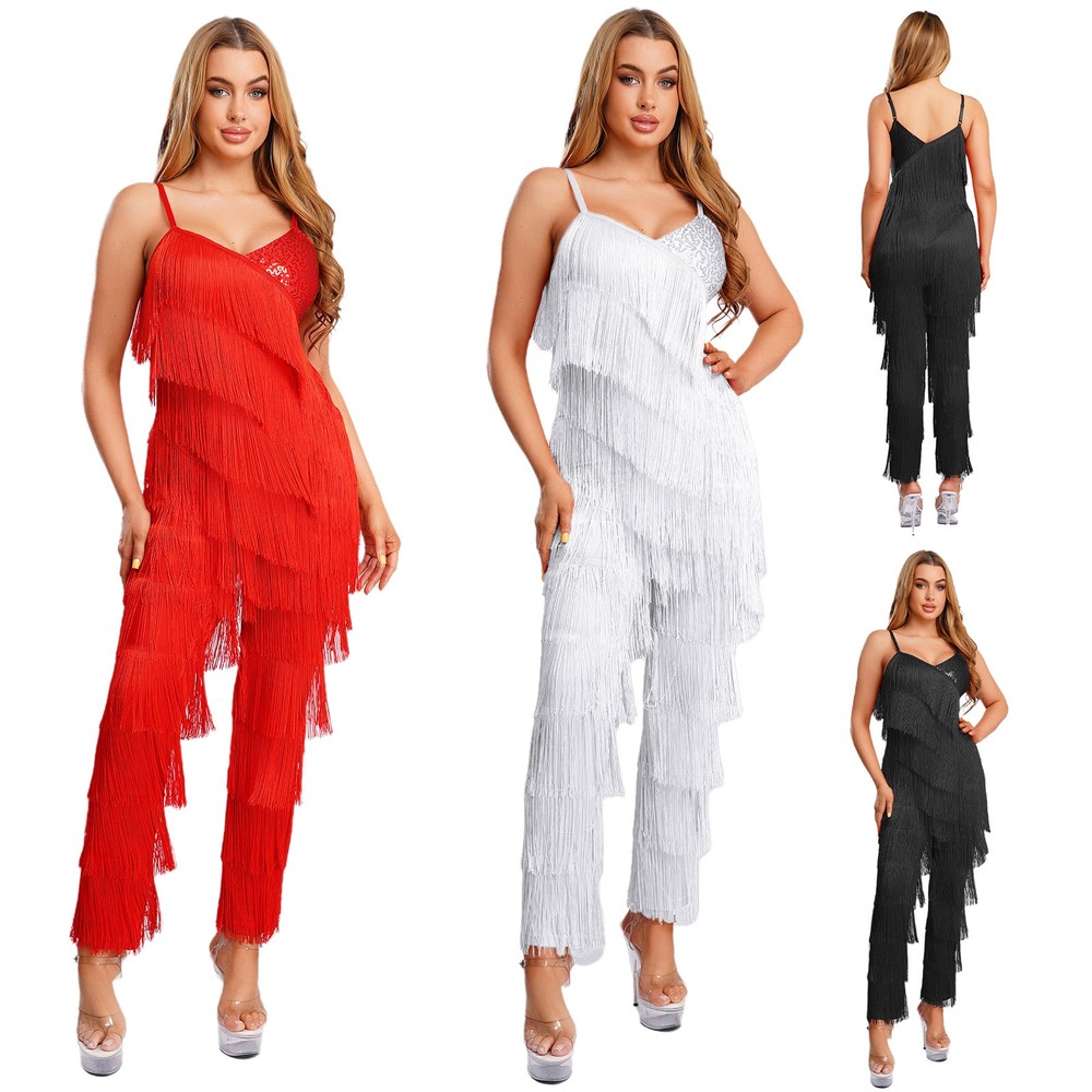 Womens Dance Fringe Jumpsuit Shiny Sequin Tiered Tassel Cami Rompers Long Pants