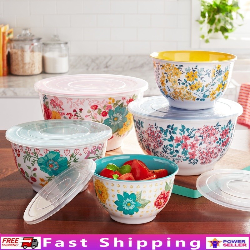 Fancy Flourish 10 Piece Melamine Bowl Set W/ Lids Cooking Serving Storage New