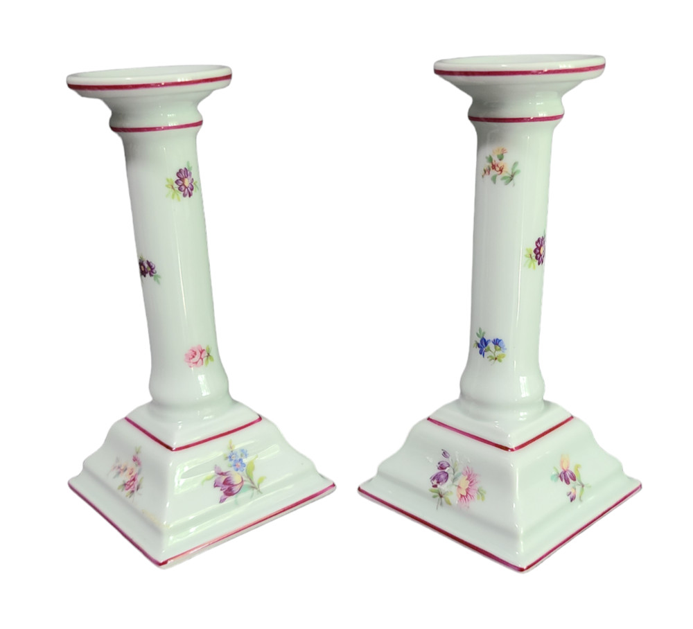 Vintage Pair Porcelain Hand Painted Floral Vista Alegre Portugal Candlesticks S1