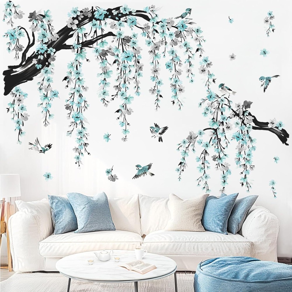 wondever Large Watercolor Flower Branch Wall Stickers Blue Blossom Tree Multi