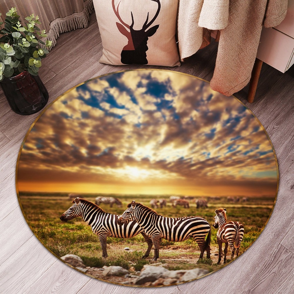 3D Sunset Zebra Herd Non-Slip Rug Elegant Animal Print Carpet Mat