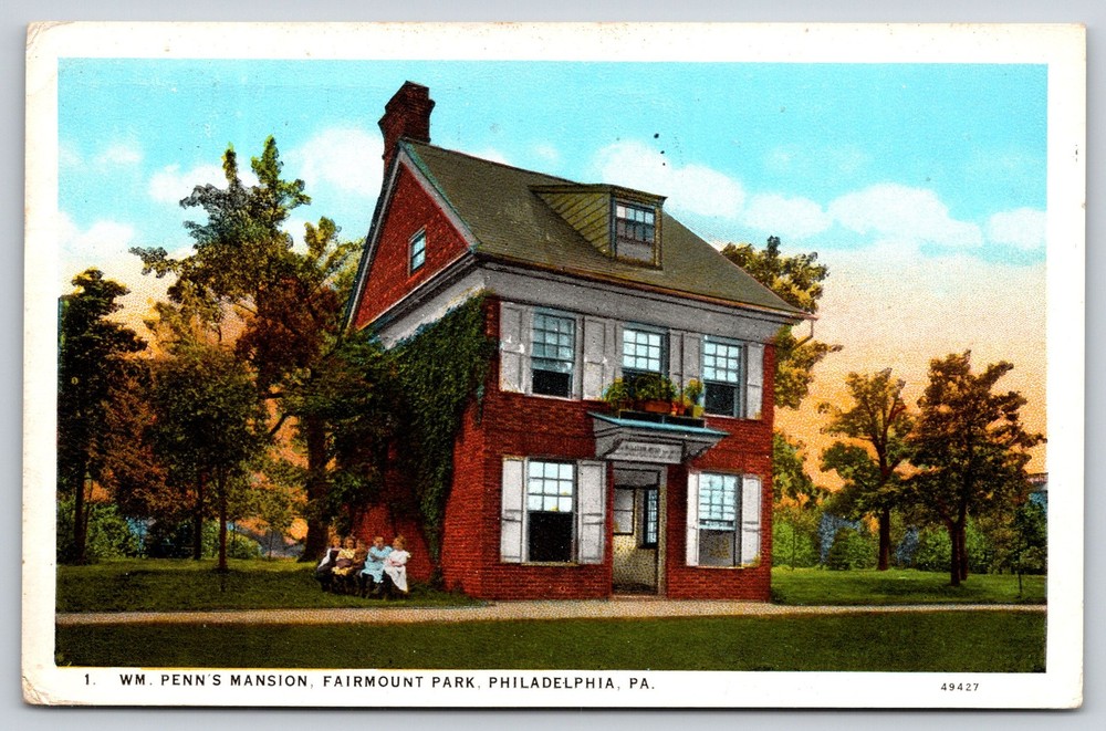 Philadelphia PA~Fairmount Park~WM Penn Mansion~Red Brick~People~1920s Postcard