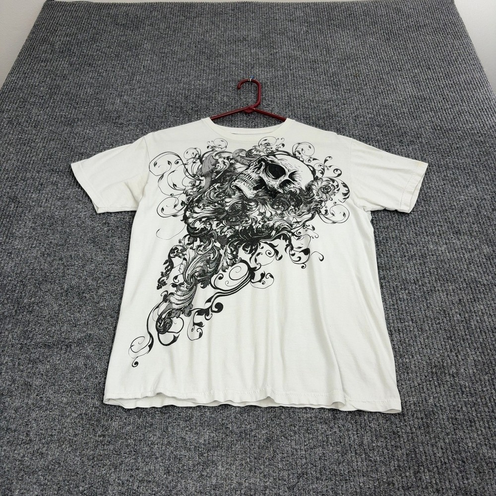 Affliction Type T Shirt Mens M White Cotton Graphic Scroll Print Y2K Goth Grunge