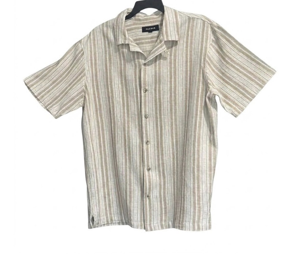PacSun Men's Textured Vertical Stripe Resort Shirt Tan Cream Camp Collar Large