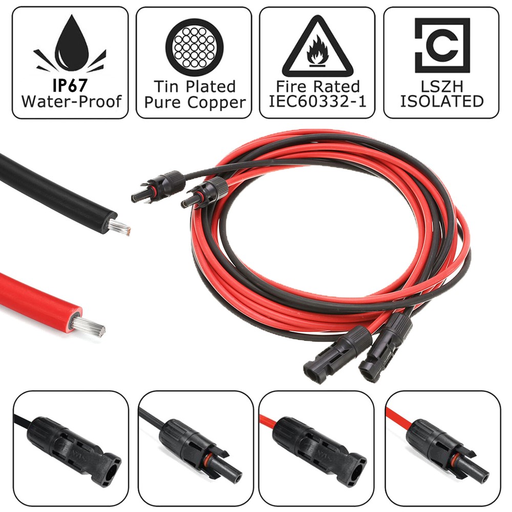 12 AWG Solar Panel Extension Cable with PV Connectors 6mm² Black Red  