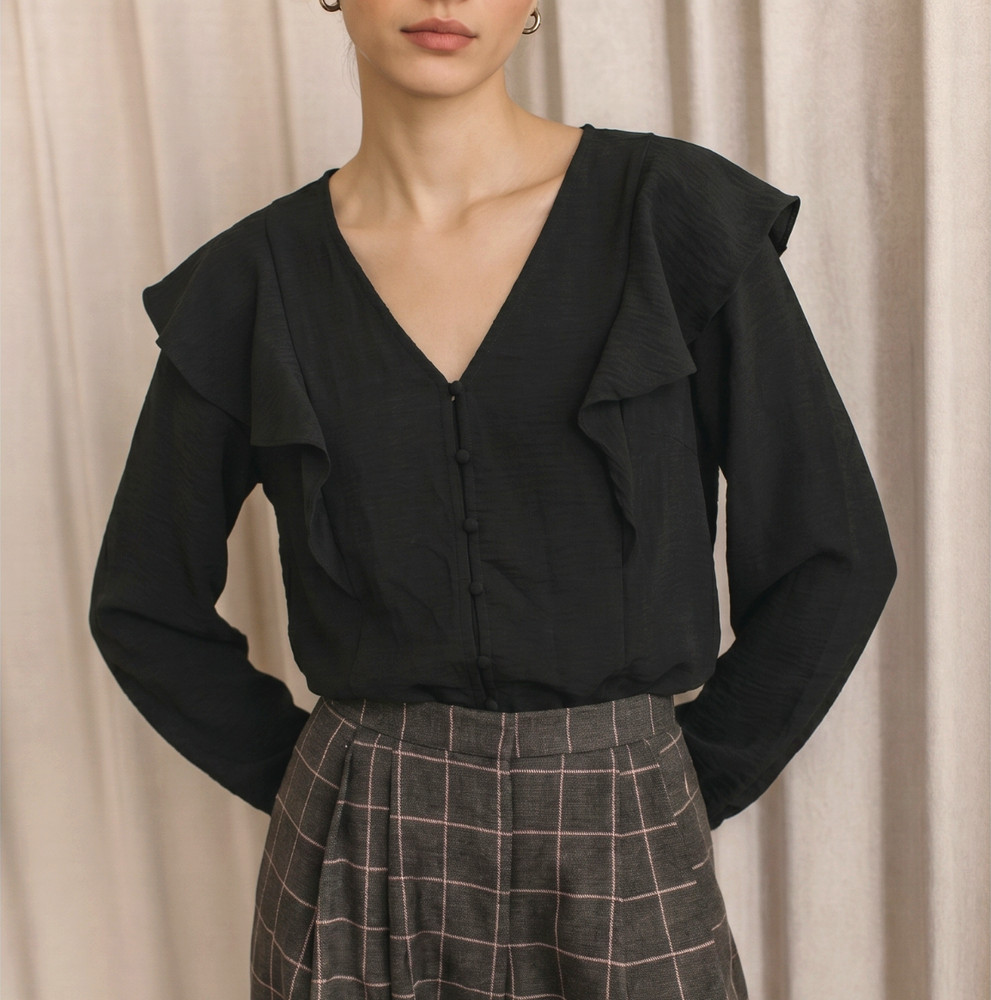 Nine West Women’s M Black Ruffle V‑Neck Long Sleeve Button Blouse Top