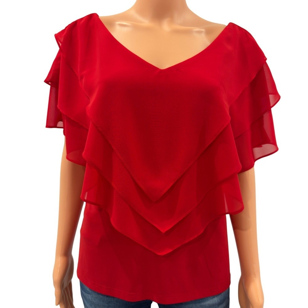 Via Ritina Red Tiered Ruffle Blouse V-Neck Short Flutter Sleeve Top Large
